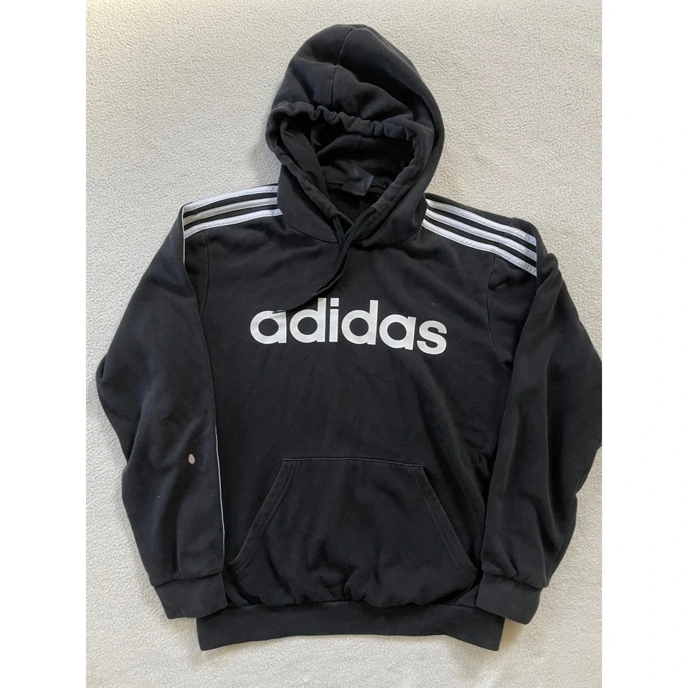 Adidas Mens Medium‎ Hoodie Black 3-Stripe Logo Pullover Fleece Sweatshirt Stain